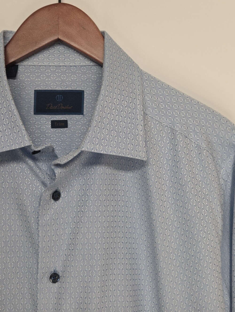 David Donahue Trim Fit Dress Shirt Mens 17.5 32/33 Light Blue Diamond Cotton
